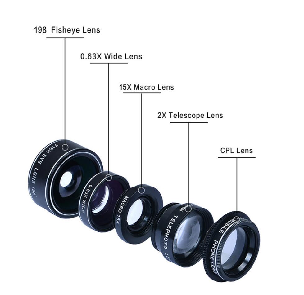 APEXEL Phone lens kit universal 10 in 1 Fisheye Wide Angle macro Lens CPL Filter Kaleidoscope+2X telescope Lens for smartphone