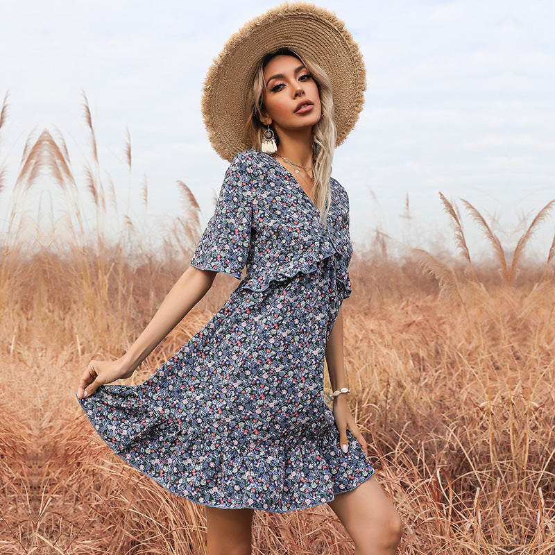 Women's Summer Floral Short Sleeve Back Ruffle Dress