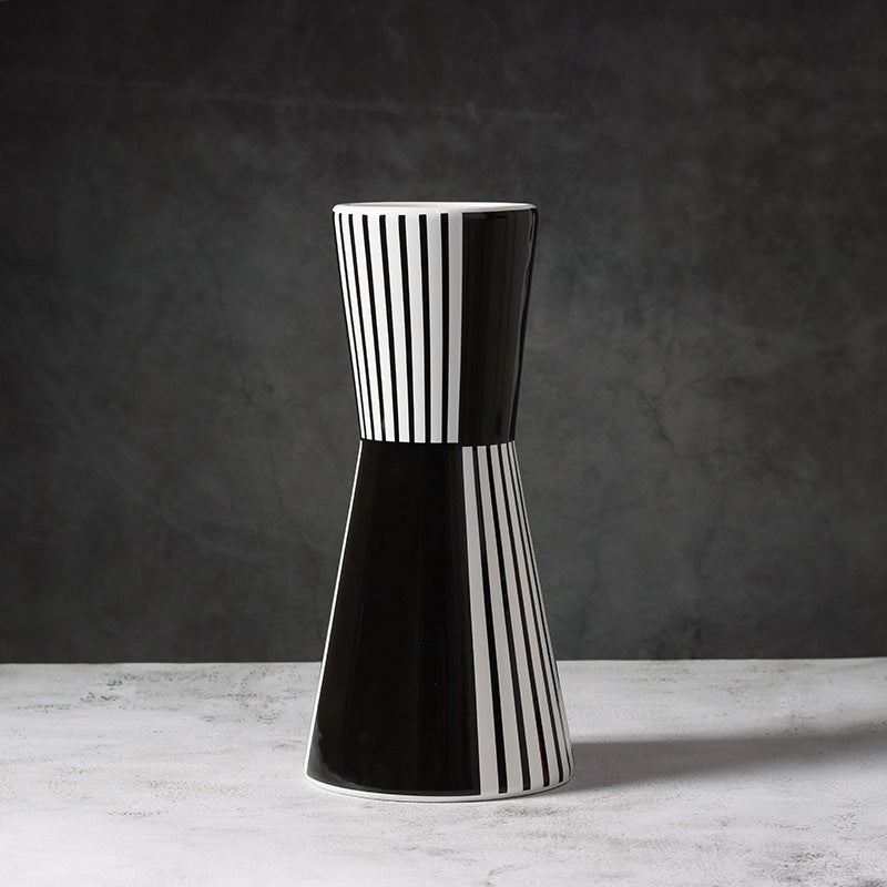 Black And White Striped Geometric Ceramic Vase Flower Ornaments
