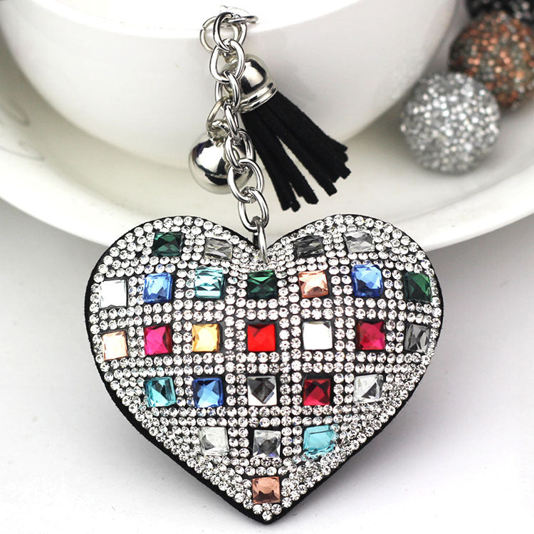 LuxeCharm Sparkling Gold Rhinestone Heart Keychain | Champagne Crystal Studded Heart Bag Charm with Tassel and Bell β European Style Personalized Gift