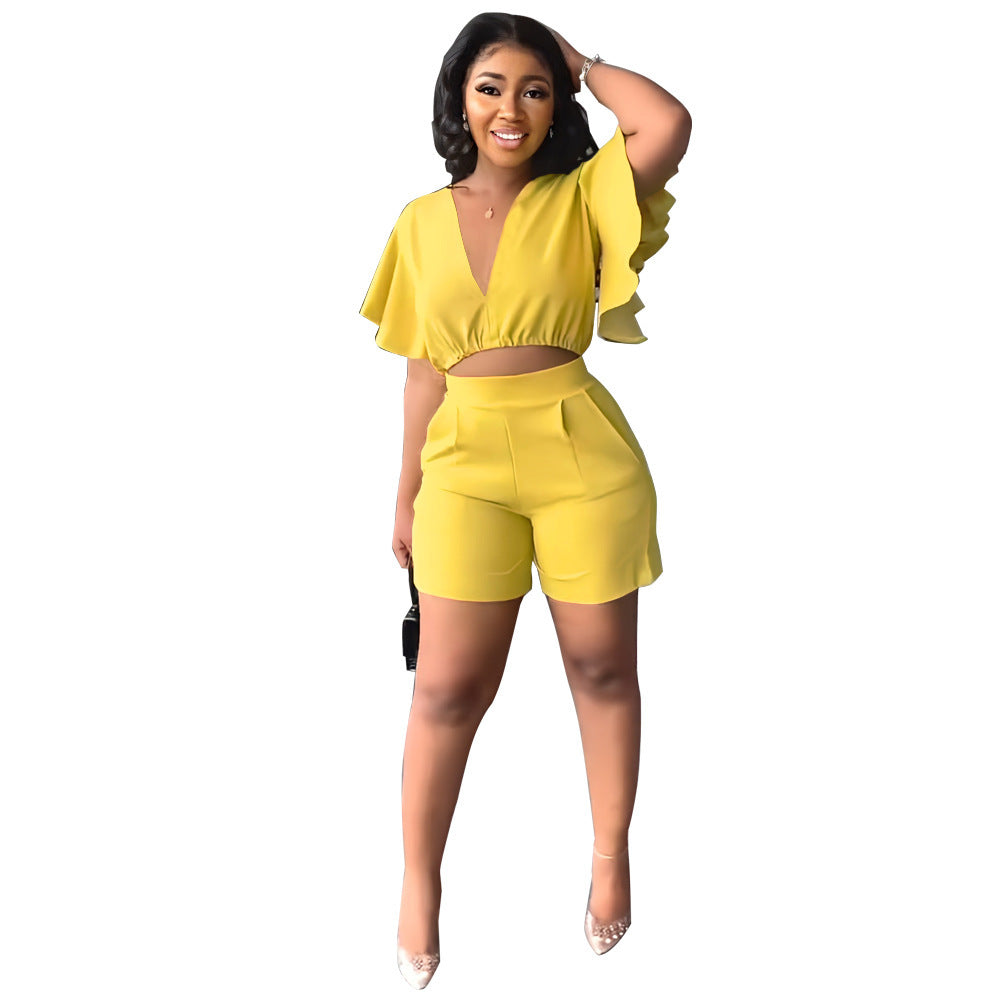 Ruffled Cropped V Neck Top Casual Shorts Summer Two-Piece Set