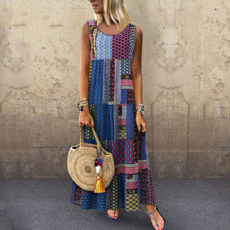 National style printed sleeveless plus size midi skirt
