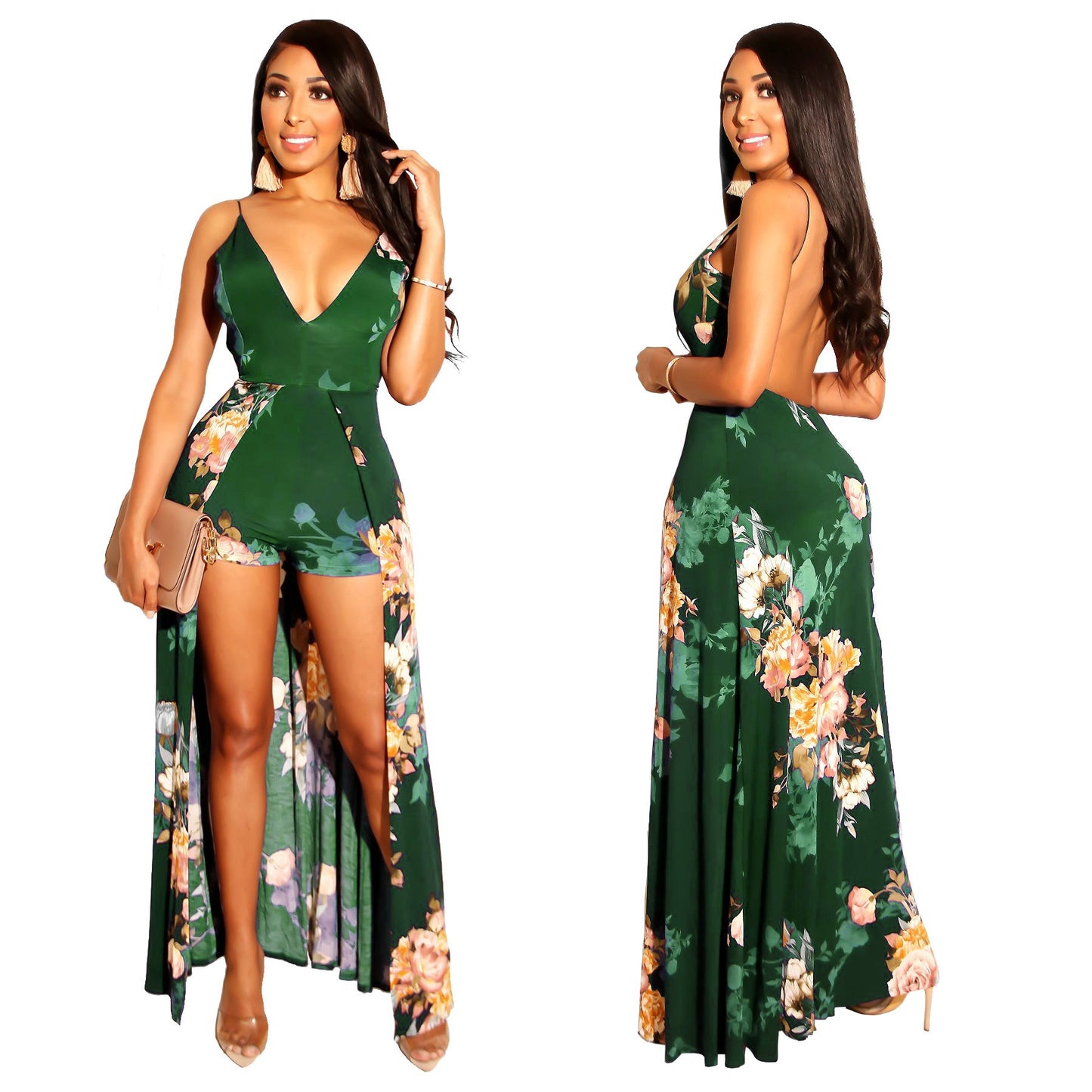 V-neck printed tie with bare back jumpsuit