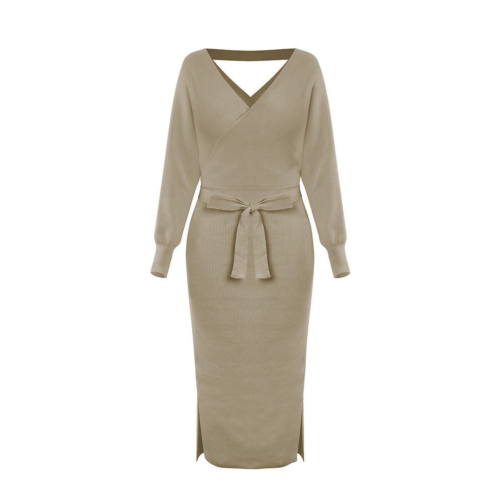 new SEXY RED Autumn And Winter Knitted Slim Double V-Neck FALL Sweater DRESS FOR WOMEN