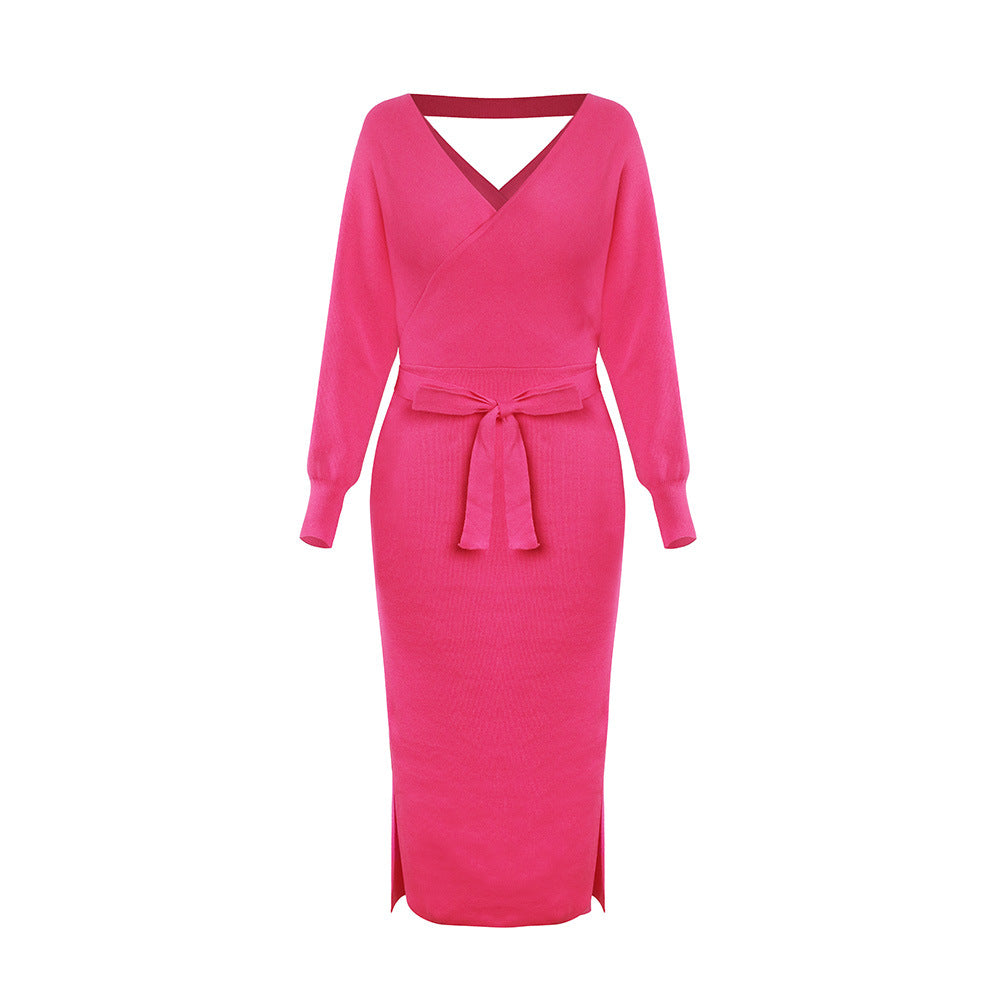 new SEXY RED Autumn And Winter Knitted Slim Double V-Neck FALL Sweater DRESS FOR WOMEN