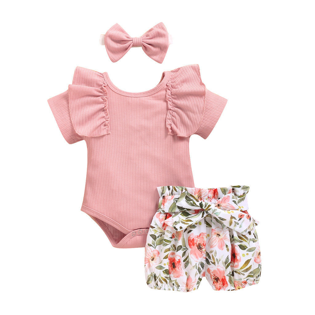European And American Foreign Trade Lotus Leaf Sleeve Baby Romper Suit Summer New Style Kids Print Shorts
