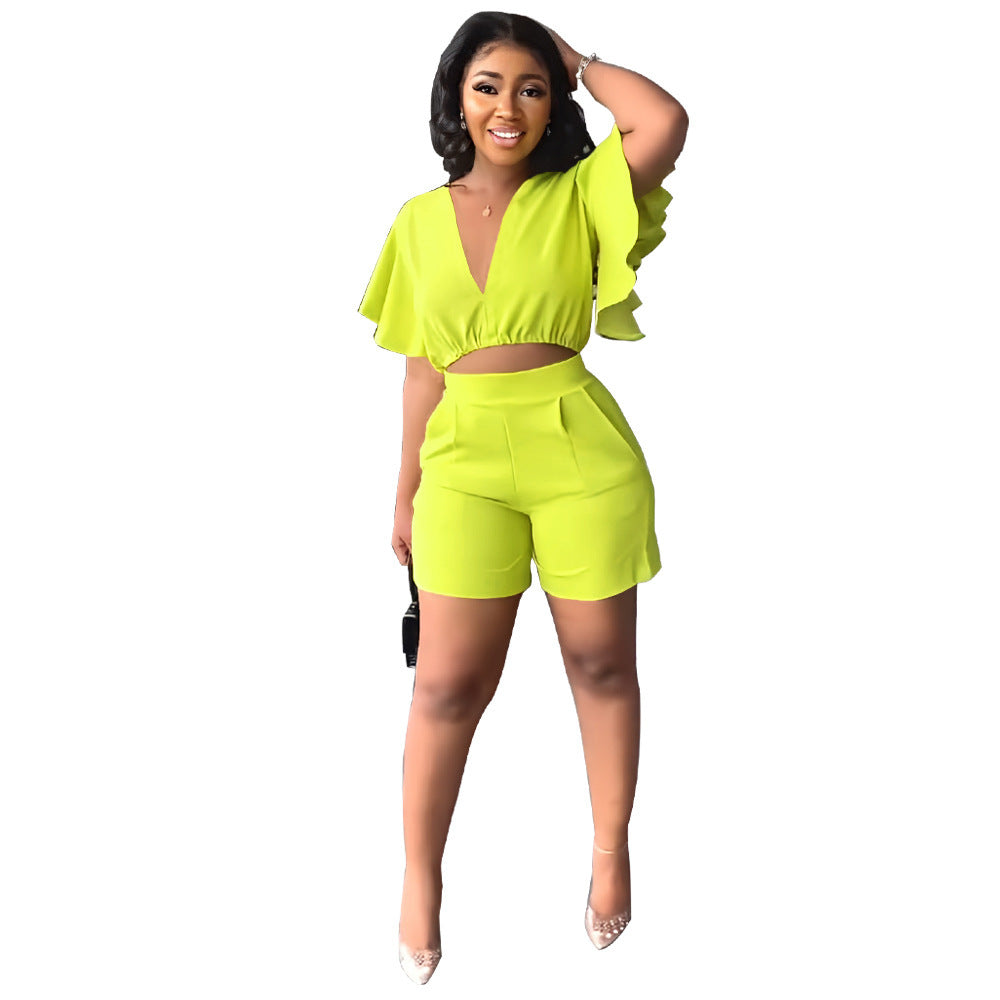 Ruffled Cropped V Neck Top Casual Shorts Summer Two-Piece Set