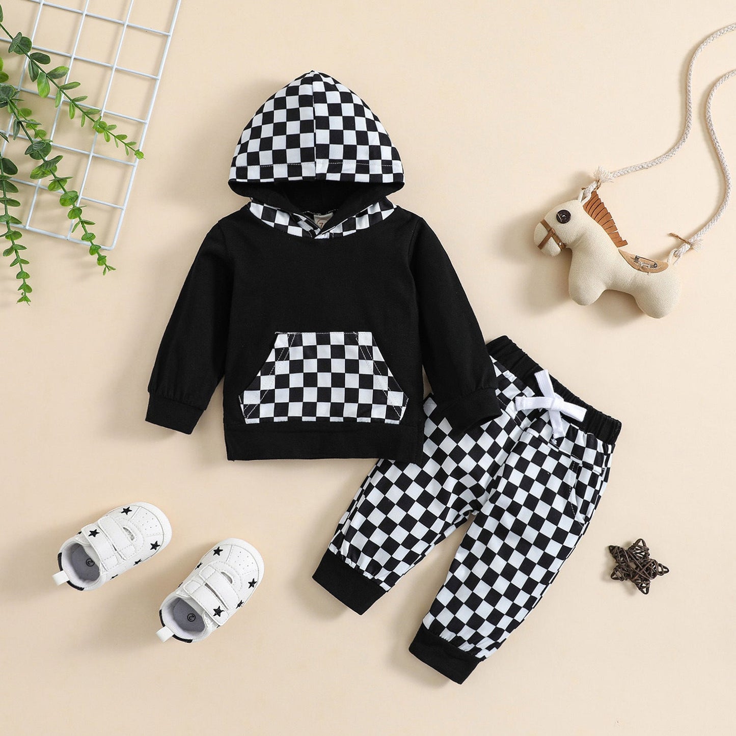 Children's Autumn And Winter Sports Leisure Hooded Plaid Suit