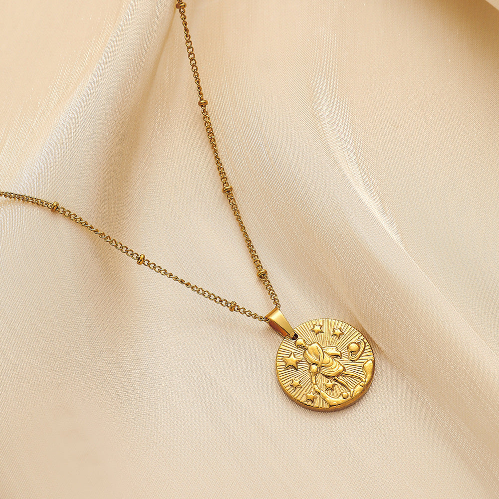 Stainless Steel Round Twelve Constellation Coin Relief Necklace