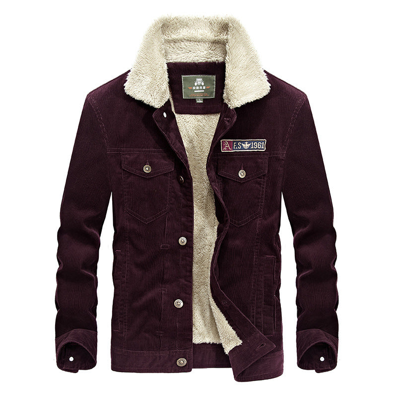 Stand collar corduroy men's loose large size jacket plus velvet thick coat