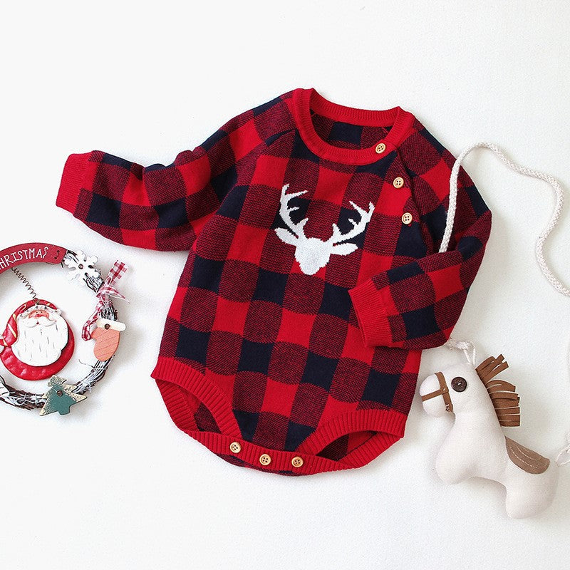 One-piece long-sleeved plaid one-piece triangle romper crawl
