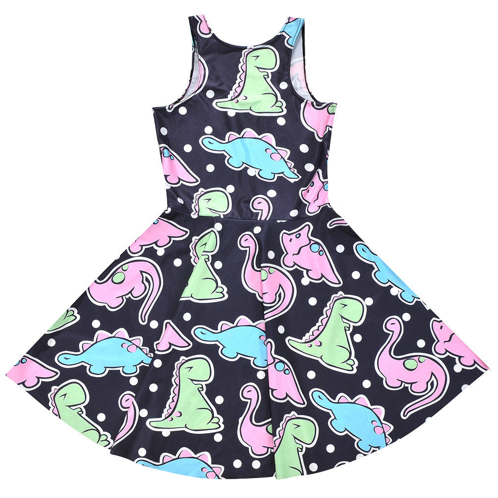Black Cartoon Color Dinosaur Pleated Umbrella Skirt