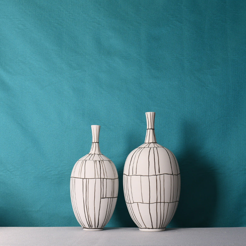 Modern Style Home Decoration Ceramic Frosted Small Mouth Striped Olive-shaped Vase
