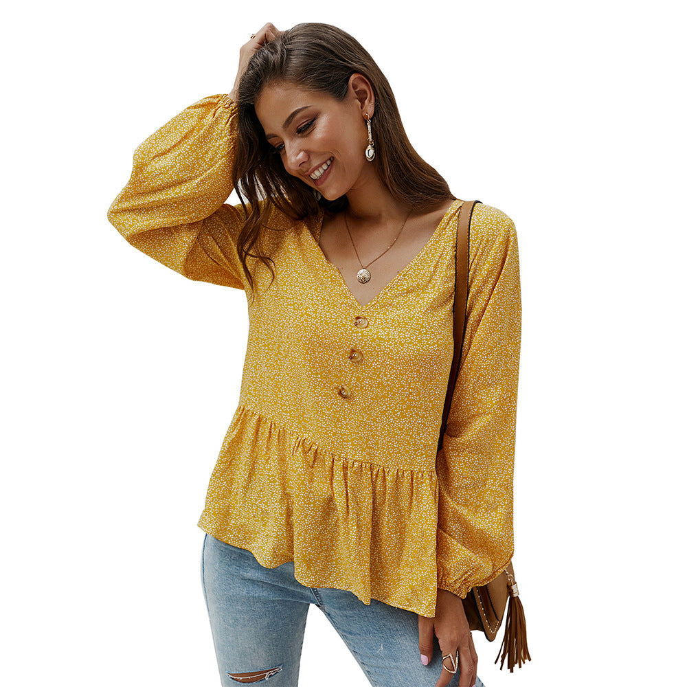 New Product Floral Long-sleeved V-neck Shirt Top