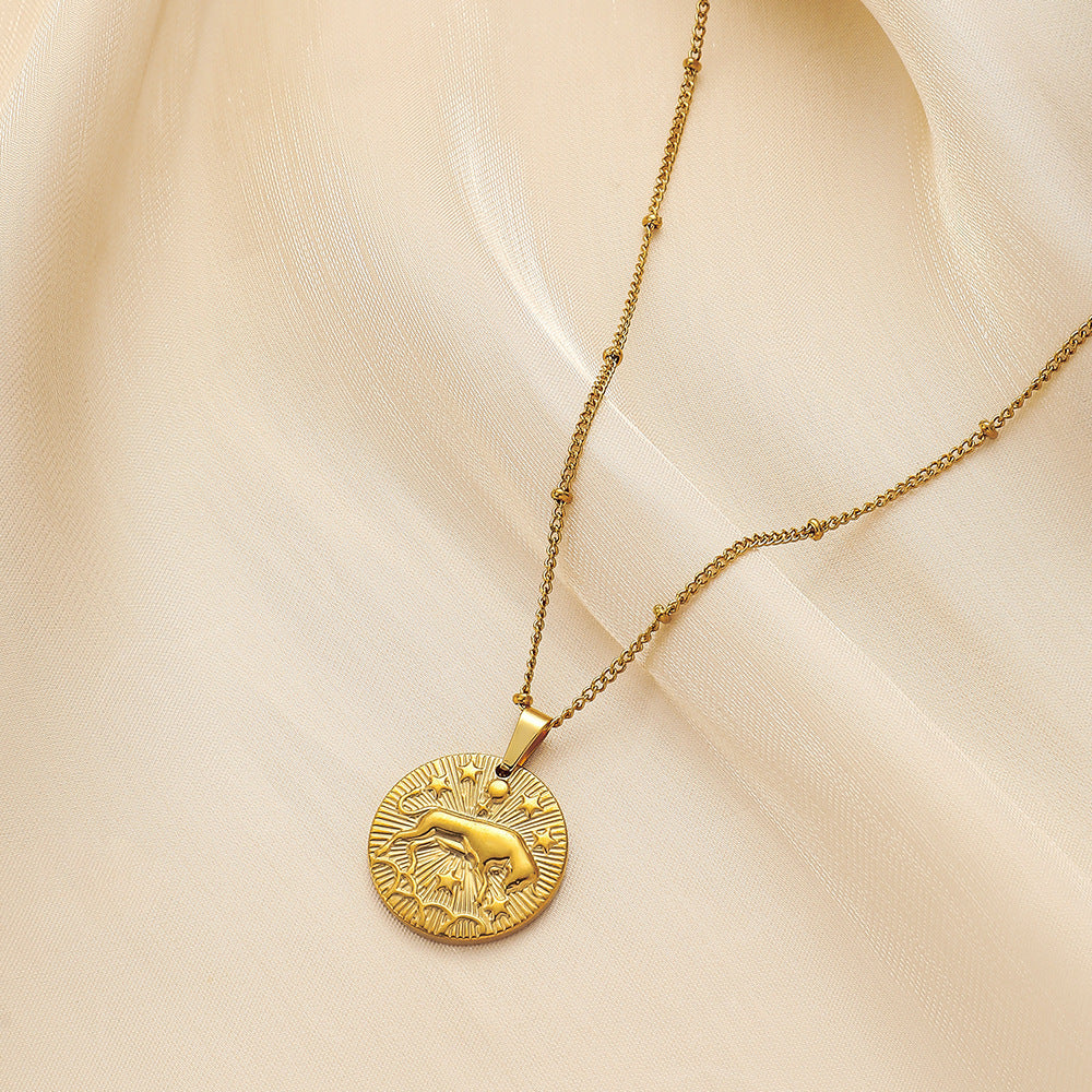 Stainless Steel Round Twelve Constellation Coin Relief Necklace