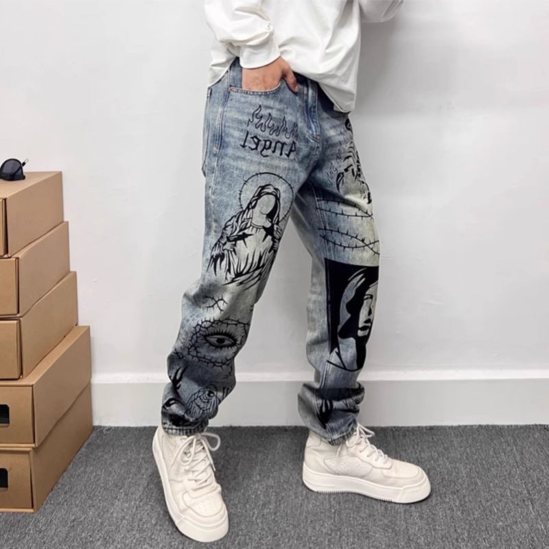 Retro Blue Skinny Jeans High Street Graffiti Printing Loose