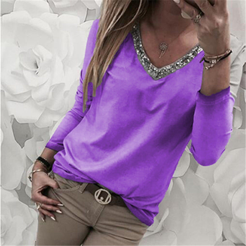 Women's Stitching V Neck Sequin Long Sleeve T-shirt Plus Size Top