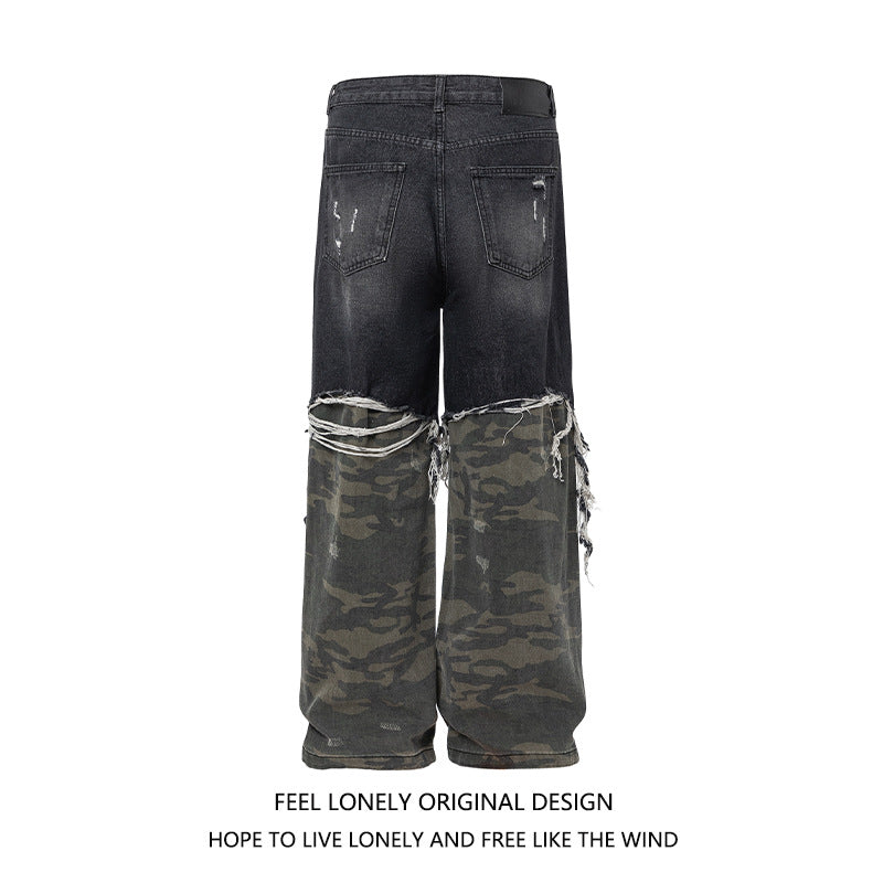 Men's American High Street Stitched Camouflage Wide Leg Jeans