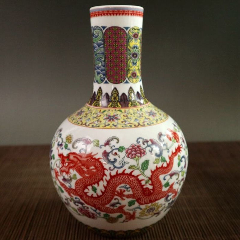 Antique Old Dragon And Phoenix Pattern Ceramic Crafts Vase Ornaments