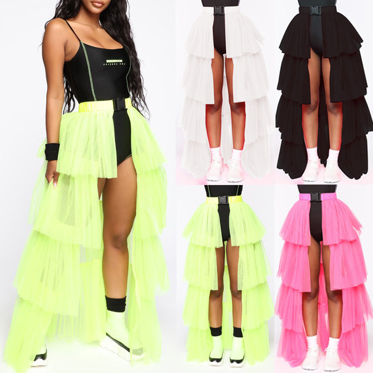 Mesh Stitching See-through Skirt Puffy Casual Umbrella Skirt