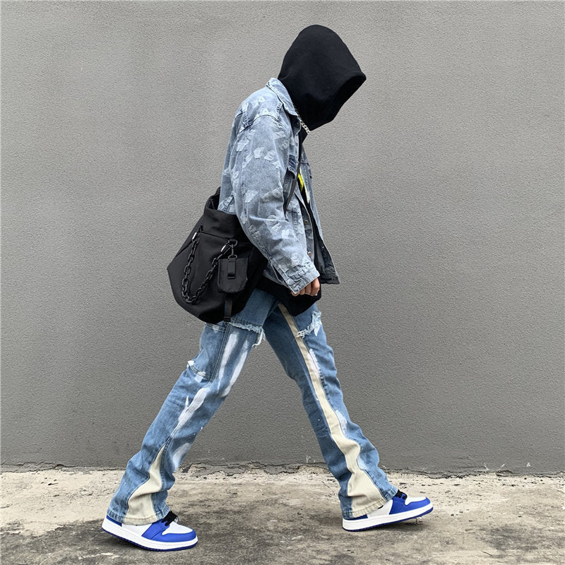 Washed Splash-ink Stitching Jeans Men's Personalized Straight Pants